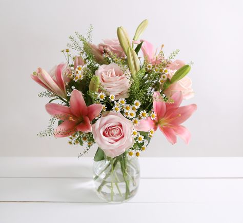 Spring Rose & Lily Bouquet -  • 5 Pink Sweet Avalanche Rose • 3 Pink Asiatic Lily • 3 Greenbell • 5 Tanacetum Pink Lily Centerpieces, Pink Lily Arrangement, Flower Bouquet Lilies, Lily Centerpiece Wedding, Lily Floral Arrangements, Lily Flower Arrangements, Lily Rose Bouquet, Pink Lily Bouquet, Rose Lily Bouquet