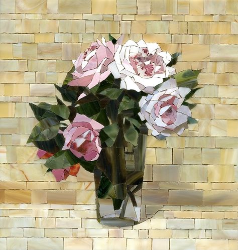 Realistic Flower Drawing, Sicis Mosaic, Mosaic Portrait, Mosaic Vase, Mosaic Tile Art, Mosaic Madness, Floral Mosaic, Glass Mosaics, Flowers In A Vase