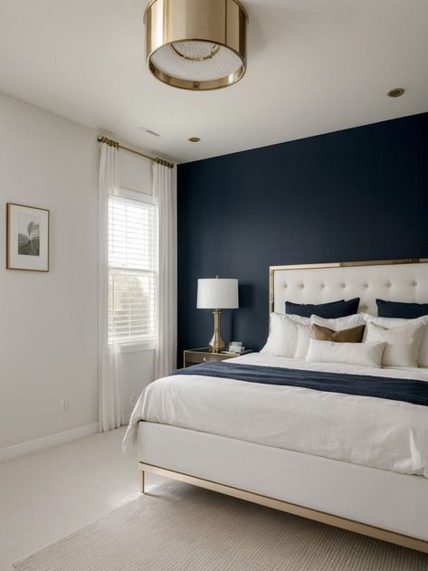 Hale Navy Accent Wall, Hale Navy Bedroom, Navy Blue Bedroom Walls, Navy Accent Wall, Blue Bedroom Paint, Bedroom Accents, Navy Bedroom, Blue Bedroom Walls, Blue Bedroom Design