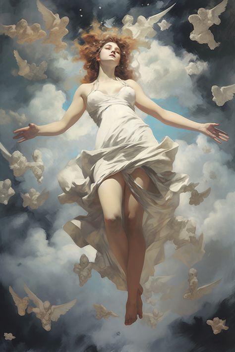 Woman With Wings Aesthetic, Ethereal Pose Reference Drawing, Ethereal Poses Reference Drawing, Reaching Reference Poses, Lost Memory Art, Angelic Art Reference, Dress Flowing In The Wind Drawing Reference, Ethereal Poses Reference, Woman Falling Reference