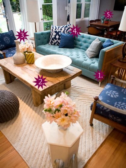 Friday Feature: Emily Henderson - Up to Date Interiors 5 Take Away Decorating Tips for your space! Turquoise Couch Living Room, Hgtv Living Room, Turquoise Couch, Hgtv Design, Emily Henderson Design, Room Bohemian, Living Room Farmhouse, Blue Couch, Boho Chic Living Room