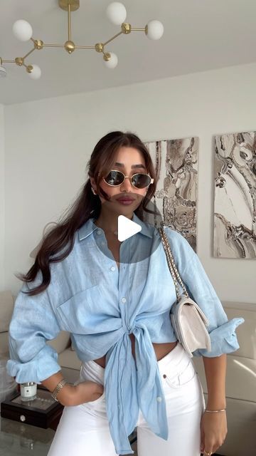 Sepideh Ghmi on Instagram: "How To Front-Tie Your Button Up Shirts 💠  #fashionhacks  #styletips #shirthack" How To Tie Polo Shirt Women, Tied Tops Outfit, How To Style A Long Sleeve Button Up, How To Front Tie A Button Up Shirt, Button Down Hacks, Shirt Wearing Ideas, How To Tie A Shirt Knot Button Up, Tie Button Up Shirt How To, Tie A Button Up Shirt