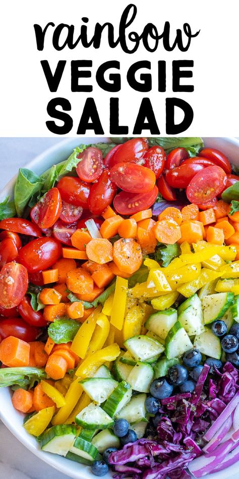 This beautiful Rainbow Veggie Salad is packed with tons of healthy fruits and veggies and is great for a side salad at dinner or you can add some protein to it and make it lunch! Kids also love helping making this salad and might just get them excited about eating it! #rainbowfood #rainbowsalad #priderecipe #dinnersalad #sidesalad Vegetable Cleanse, Fruit And Vegetable Diet, Easy Dressing Recipe, Rainbow Diet, Salads For Kids, Kid Friendly Salad, Lunch Kids, Veggie Diet, Different Fruits And Vegetables