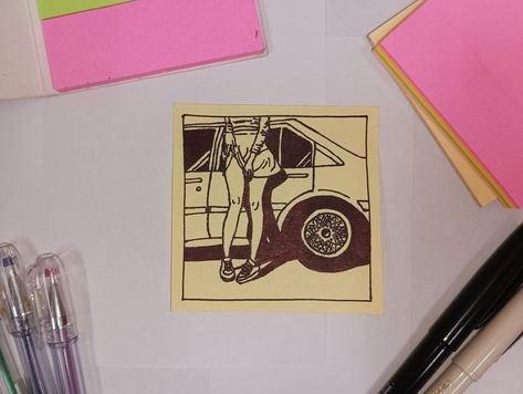 Sketchbook With Sticky Notes, Drawing With Post It, Posted Notes Art, Sticky Notes Drawing Ideas, Things To Draw On Sticky Notes, Post It Note Art Drawing, Drawing On Sticky Notes, Sticky Notes Drawings Doodles, Car Drawing Aesthetic