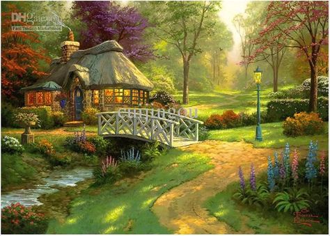 Thomas Kinkade Art Oil Paintings Prints Canvas Summer Cottage . Thomas Kinkade Cottage, Thomas Kinkade Art, Thomas Kinkade Paintings, Thomas Kincaid, Kinkade Paintings, Cottage Wallpaper, Art Thomas, Forest Cottage, Cottage Painting