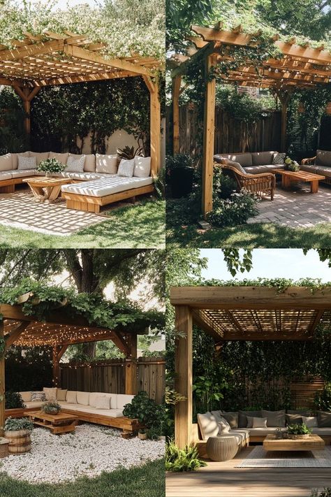 Build your own pergola to create a shaded outdoor retreat! Perfect for summer relaxation. #DIYPergola #BackyardProjects #OutdoorLiving Pergola With Shades, How To Create Shade In Backyard, Creating Shade In Backyard, Triangle Pergola Ideas, Pergola Seating Ideas, Pergola Fire Pit Ideas, Pergola Over Pool, Pergola Garden Ideas, Deck And Pergola Ideas