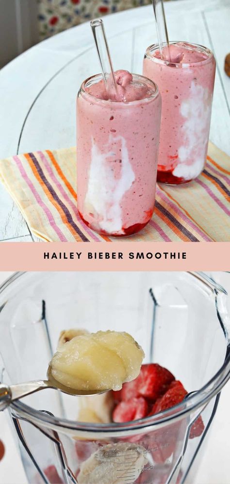 Hailey Bieber Smoothie - A Beautiful Mess Hailey Bieber Smoothie Recipe, Hailey Bieber Smoothie, Hayley Bieber, Protein Shake Smoothie, Strawberry Glaze, Sunday Recipes, A Beautiful Mess, Healthy Girl, Nice Cream