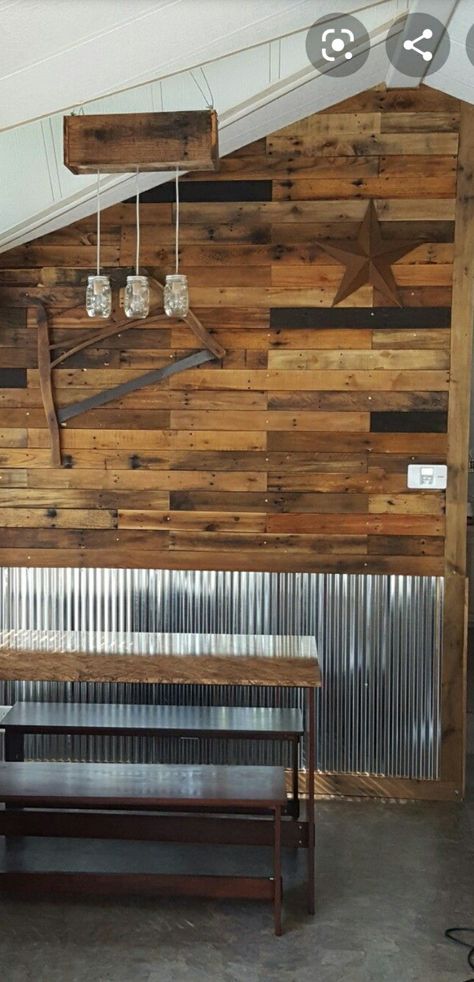 I would love the wooden accent wall in the living room where the tv will be with the corregated metal on the bottom Diy Pallet Wall, Corrugated Tin, Pallet Walls, Wood Pallet Wall, Tin Walls, Pallet Decor, Pallet Wall, Corrugated Metal, Pallet Wood