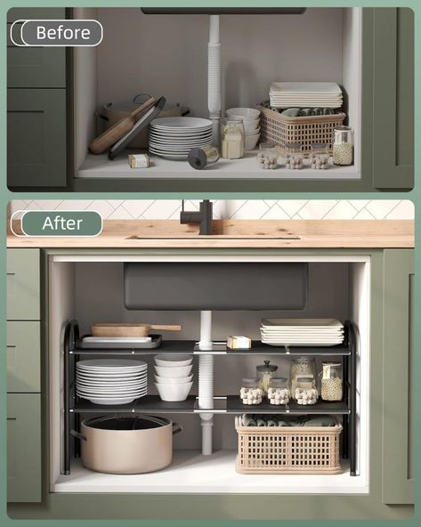 You Won’t Believe How Much Storage This Amazon Under-Sink Organizer Creates Organize Under Kitchen Sink, Under Sink Storage Kitchen, Sink Organization Kitchen, Under Sink Shelf, Under Bathroom Sink, Under Kitchen Sink, Under Kitchen Sink Organization, Kitchen Sink Organization, Bathroom Apartment