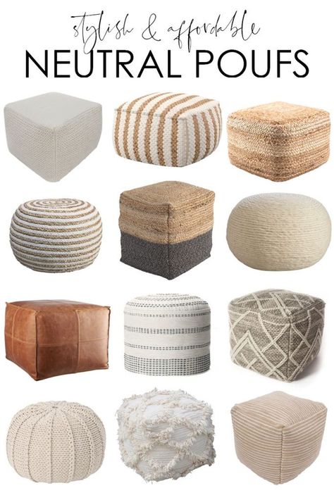 A curated collection of stylish and affordable neutral pouf ideas! These work well in living rooms, bedrooms, entryways and more!  Includes leather, jute, wool and other types of poufs! #pouf #poufottoman #livingroomideas #livingroomdecor #poufchair Pouf Ottoman Living Room, Sofa Pouf, Pouf Seating, Diy Pouf, Pouf Chair, Pouf Design, Living Room Pouf, Moroccan Leather Pouf, Outdoor Pouf