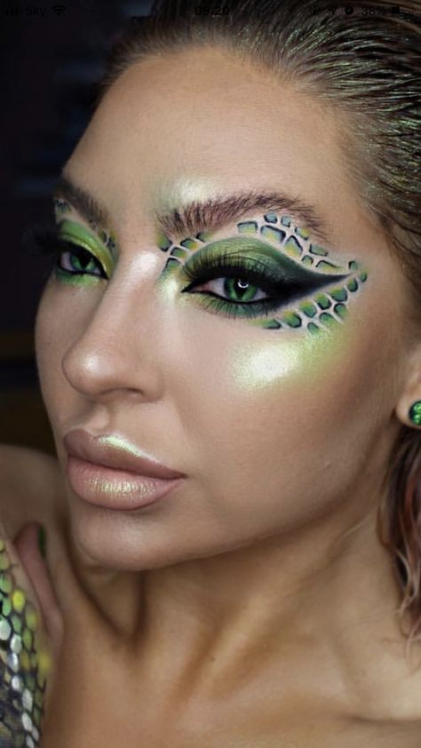 Green Snake Makeup Looks, Green Dragon Makeup, Crocodile Makeup Halloween, Jungle Theme Makeup, Snake Eye Makeup Look, Dinosaur Eye Makeup, Sea Turtle Makeup, Snake Face Makeup, Turtle Makeup Ideas