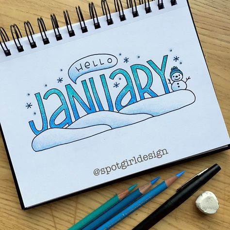 Complete with cloudy January low lighting! 😕#hellojanuary #january #prismacolor #draweveryday #sketch_daily #dailysketch #dailydrawing #lettering #handlettering #letterart #snow #januaryletteringmotivation January Lettering, Bullet Journal Calendrier, Bullet Journal Weekly Layout, February Bullet Journal, January Bullet Journal, Bullet Journal Page, Bullet Journal 2020, Bullet Journal Cover Page, Bullet Journal Tracker