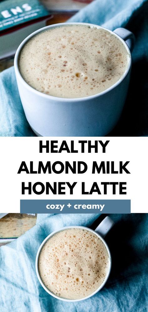 This almond milk honey latte recipe is inspired by the Starbucks almond milk honey flat white, but it's much healthier. Ingredients include real honey, almond milk and almond butter, strong coffee or espresso, and almond milk, plus a dash of cinnamon and nutmeg. Healthy Latte Recipe, Almond Milk Drinks, Honey Latte, Almond Milk Latte, Almond Milk Coffee, Almond Milk Recipes, Real Honey, Copycat Starbucks Recipes, Homemade Almond Milk