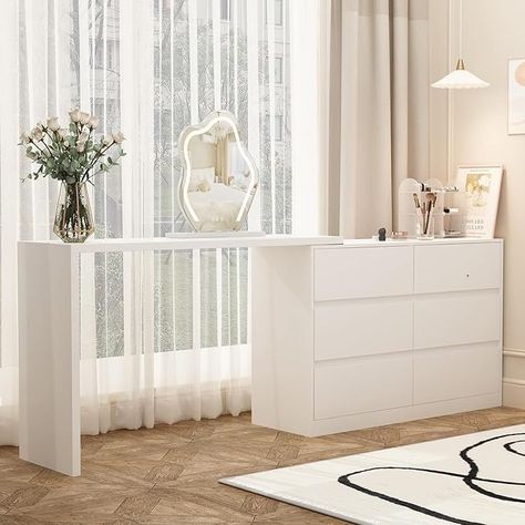 Amazon.com: ECACAD 2 in 1 Vanity Desk, 51" Vanity Table with L-Shaped Desk & Double Dresser, Versatile Makeup Vanity Dressing Table Computer Desk with 6 Drawers for Bedroom, Home Office, White : Home & Kitchen White Vanity Desk, Embellished Furniture, Drawers For Bedroom, Vanity Dressing Table, Table Computer, Vanity Bedroom, Makeup Dressing Table, Drawers Bedroom, Vanity Benches