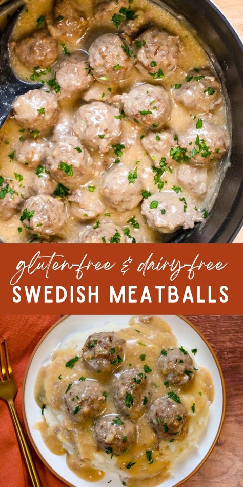 These Gluten-Free Swedish Meatballs are tender and flavorful, smothered with a savory, creamy gravy. This classic dish, which is a warm and comforting meal, can be made with beef or a combination of beef and pork. It is perfectly served with mashed potatoes. Gluten Free Swedish Meatballs, Dairy Free Gravy, Dairy Free Meatballs, Gluten Free Comfort Food, Meatballs And Gravy, Gluten Free Meatballs, Gluten Free Dinner Easy, Beef And Pork, Gluten Free Sides Dishes