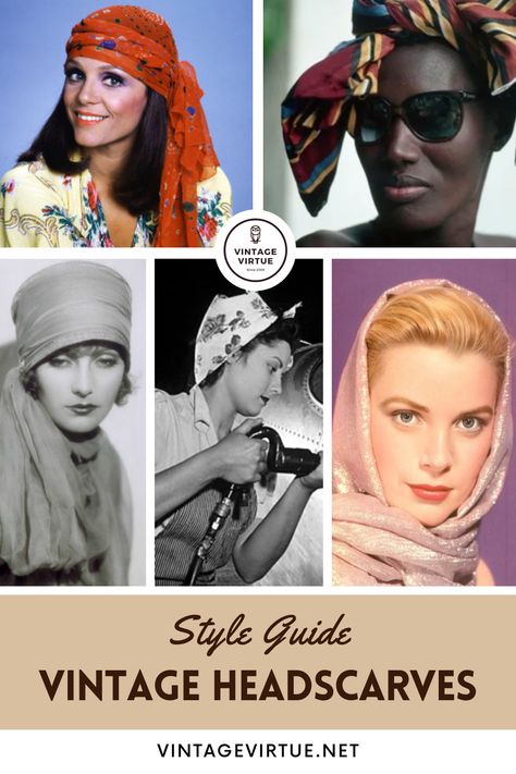 60s Hair Scarf Styles, Disco Head Scarf, 60s Scarf Hairstyles, Vintage Headscarf Styles, 70s Scarf Hairstyles, Ways To Wear A Head Scarf, Scarves How To Wear, 70s Hair Scarf, 1950s Head Scarf