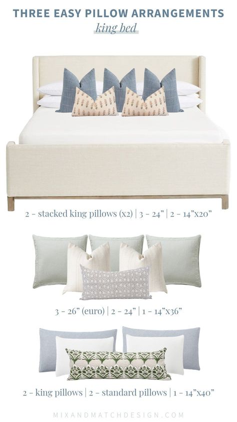 Pillow Arrangements for a King Bed Bed Cushions Arrangement, Bedroom Pillows Arrangement, Bed Pillow Styling, Bed Pillow Arrangement, Cushion Arrangement, Queen Sized Bedroom, Pillows Bed, Easy Pillows, Match Design