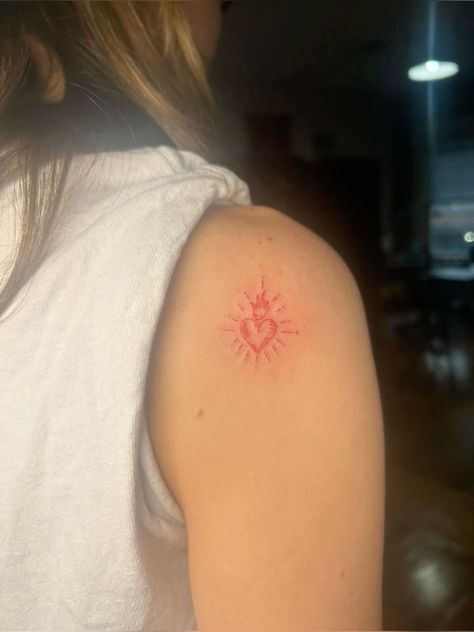 Minimalist Sacred Heart Tattoo, Sacred Burning Heart Tattoo, Fine Line Swirl Tattoo, Red Handprint Tattoo, I Wish You Roses Tattoo, Feminine Tattoos Fine Line, Spiral Word Tattoo, $50 Tattoos Ideas, Like The Stars Miss The Sun Tattoo