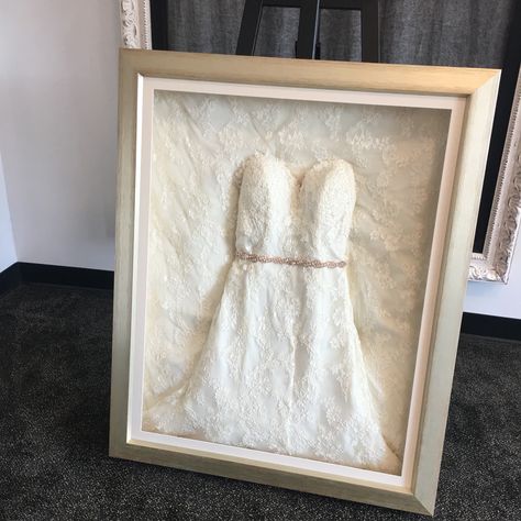 I had my wedding dress framed at Longenbaker’s. They did an amazing job! Wedding Dress In Closet Framed, Framed Wedding Dress In Closet, Diy Wedding Dress Shadow Box Display, Preserved Wedding Dress, Wedding Dress Box Display, Wedding Dress Framing, Wedding Dress In Shadow Box Display, Preserved Wedding Dress Display, Wedding Dress Framed