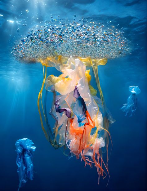 The translucent, ethereal quality of the jellyfish symbolizes the hidden yet ever-present threat of microplastics in our environment. The insidious tiny plastic particles permeate our ecosystem, and the consequences of our plastic consumption have a profound impact on the natural world. Sea Pollution Photography, Plastic Pollution In Ocean, Microplastics Poster, Microplastic Art, Plastic Pollution Photography, Microplastics Pollution, Plastic In Ocean, Plastic Pollution Art, Pollution Photography