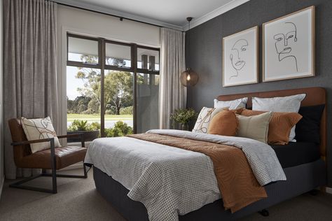 Grey Orange Bedroom, Grey Brown Bedrooms, Modern Kitchen Colors, Cozy Kitchen Ideas, Burnt Orange Bedroom, Charcoal Bedroom, Tan Bedroom, Dark Gray Bedroom, Blue Bedroom Decor