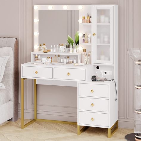 Organisation, Makeup Vanity With Lights, Vanity With Lights, Vanity Desk With Mirror, Bedroom Vanity Set, Desk With Mirror, Makeup Vanity Lighting, Mirrored Vanity Desk, Vanity Room