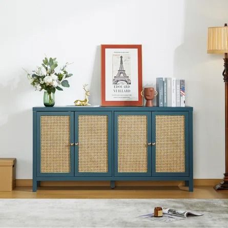 Bay Isle Home Breana 57.87 Sideboard | Wayfair Hallway Blue, Heights House, Cabinet Console, Rattan Doors, Blue Sideboards, Rattan Sideboard, Accent Storage Cabinet, Wide Sideboard, Solid Wood Sideboard