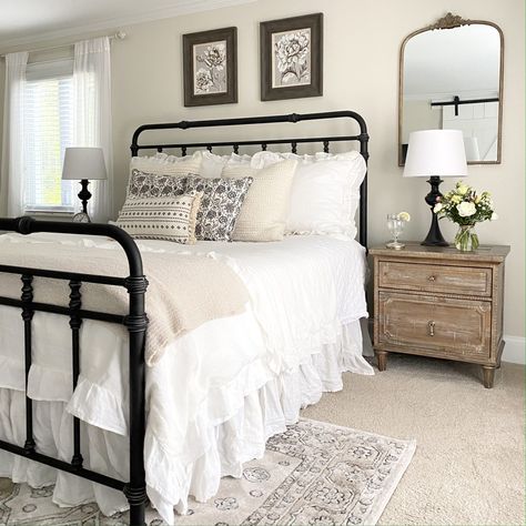 Bring on the sunshine, sandals, and summer! The perfect way to celebrate a new season in your home is with a simple room refresh. Today I am sharing early summer bedroom decorating tips and ideas. I've got five beautiful, easy, and inexpensive tips and ideas to share with you. Come join me on the blog. Bedroom Decor Iron Bed, Bedroom With Iron Bed Decorating Ideas, Black Iron Bed Frame Bedroom Ideas, King Size Iron Bed, Farmhouse Bed Frames, Black Iron Bed Frame, Rod Iron Beds, Country Beds, Duplex Bedroom