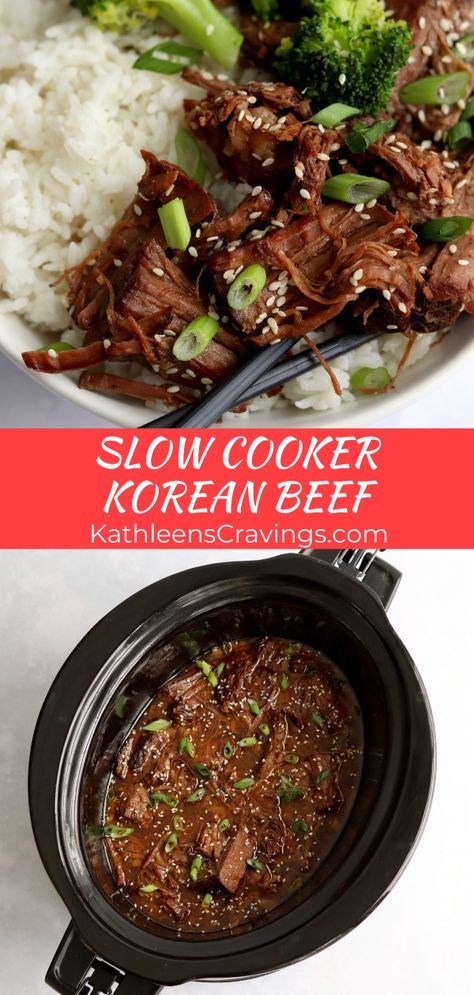 Slow Cooker Korean Beef is super tender and takes just a few minutes to prep. Just dump a chuck roast and a simple Korean-inspired sauce in the crock pot to make a delicious shredded beef. Serve with rice and some steamed veggies for dinner. And it reheats well for meal-prep – even freezer friendly! Freezer Chuck Roast, Asian Beef Roast Slow Cooker, Essen, Crock Pot Korean Beef, Chuck Roast Korean Beef, Shredded Beef Asian Recipes, Korean Roast Beef, Chuck Roast Recipes Asian, Chuck Roast Crock Pot Recipes Asian