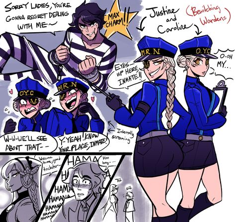 Justine and Caroline for the ACAU are here! Taking the form of femme fatales, they try to get Sojiro to comply with his rehabilitation. However at times he ends up affecting them more than vice versa. Justine is also more sadistic and Caroline more meek in this iteration. Persona 3 Comic, Persona Crossover, Persona 5 Memes, Persona Five, Persona 5 Anime, Persona 5 Joker, Shin Megami Tensei Persona, Persona Series, Persona 3