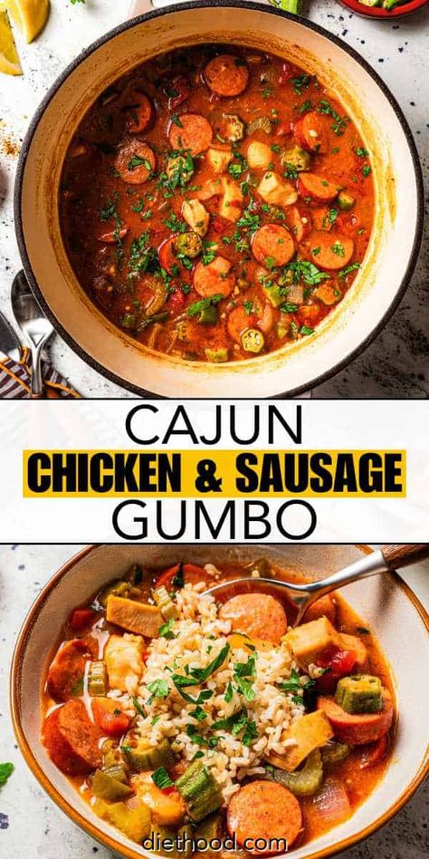 Chicken and sausage gumbo packs BIG Cajun flavor into an easy one-pot dinner! Enjoy this New Orleans-style stew as is, or served over rice. #cajun #gumbo Cajun Alfredo Recipe, Cajun Seafood Gumbo, Chicken And Sausage Gumbo Recipe, Instant Pot Gumbo, Cajun Recipes Easy, Cajun Cooking Recipes, Gumbo Crockpot, Cajun Chicken And Sausage, Sausage Gumbo Recipe