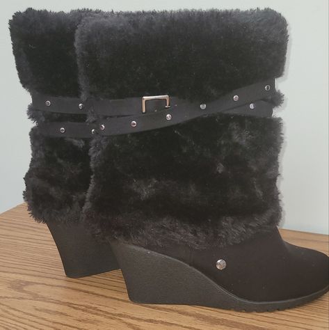 3 Inch Wedge. Black New. Pull On Style. No Smoke. No Pets. No Original Box. Fur Heel Boots, Mcbling Outfits, Rich Shoes, Shoe References, Wedge Winter Boots, Madden Girl Boots, Animal Print Boots, Trashy Outfits, Ankle Cowboy Boots