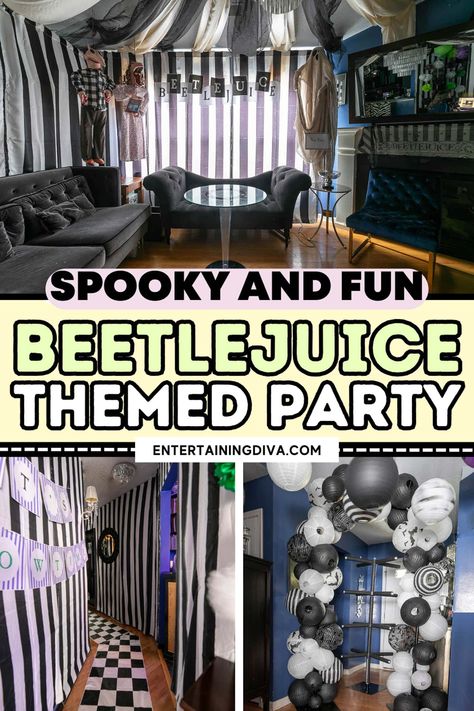 Spooky And Fun Beetlejuice Themed Party | Halloween Party Ideas Beetlejuice Watch Party, Beetlejuice Table Decor, Beetlejuice Party Games, Beetle Juice Birthday Party, Beetle Juice Party Ideas, Beetlejuice Party Decorations, Beetlejuice Themed Food, Beetlejuice Food Ideas, Beetlejuice Theme Party