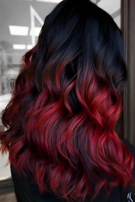 Black & Dark Red Waves #blackhair #ombre ❤ Black ombre hair brings in unlimited possibilities for you. Unlike sheer black, there is always a suggestion that will suit you perfectly! ❤ #lovehairstyles #haircolor #hairstyles Black Ombre Hair, Black Hair With Red Highlights, Black Hair Ombre, Black Red Hair, Red Ombre Hair, Black Hair Dye, Hair Color Streaks, Ombré Hair, Pretty Hair Color