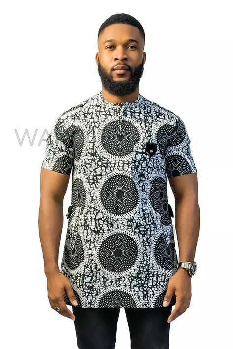 Black and White Ankara Shirt, African Men Clothing, African Mens Wear, - Afrikrea Male Ankara Designs For Men, Ankara Designs For Men, African Print Shirts For Men, Ankara Shirts For Men, Environment Model, Men African Wear, Ankara Shirt, Men Dresses, Latest African Wear For Men