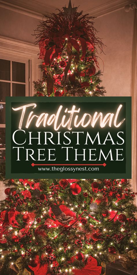 classic christmas tree at night with red ornaments, ribbon, garland, topper Christmas Tree Themes Traditional, Christmas Trees With Red Ribbon, Green And Red Christmas Tree Ideas, Red Tree Toppers Christmas, Traditional Christmas Trees Decorated, Elegant Red Christmas Tree, Red Ribbon Christmas Tree Ideas, Warm Christmas Tree Ideas, Red Green And White Christmas Tree Ideas