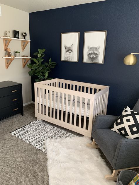 Nursery With Navy Accent Wall, Navy And Wood Nursery, Baby Boy Simple Nursery, Dark Blue Accent Wall Nursery, Boy Nursery Blue Accent Wall, Baby Boy Nursery Blue And Gray, Dark Blue Nursery Boy, Navy Blue Accent Wall Nursery, Navy Blue Nursery Ideas