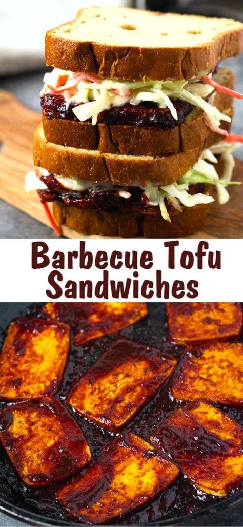 These flavorful Barbecue Tofu Sandwiches are the perfect treat not only during the warmer months but all year around. Seasoned tofu slices, cooked until crisp, smothered with barbecue sauce and served with coleslaw. Seasoned Tofu, Tofu Sandwich, Tofu Recipes Vegan, Tofu Dishes, Healthy Sandwiches, Vegan Main Dishes, Vegan Burgers, Tasty Vegetarian Recipes, Vegan Sandwich