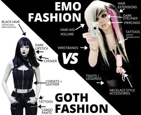 Emo Vs Goth, Emo Outfits 2000s, Emo Culture, Goth Tattoo, Goth Subculture, 2000s Emo, Emo Aesthetic, Goth Scene, Punk Pins