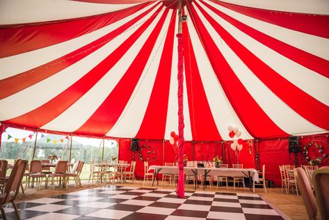 red and white circus tent wedding package with dancefloor and window walls Circus Tent Wedding, Circus Marquee, Adult Circus Party, Carnival Event, Auction Themes, Big Top Circus, Summer Ball, Circus Wedding, Striped Wedding