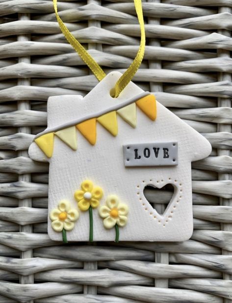 Ideal for mothers day. Handmade and personalised clay bunting house from All that she makes Polymer Clay Gifts, Clay Magnets, Air Dry Clay Projects, Clay Wall Art, Heart Cut Out, Clay Ornaments, Diy Decor Crafts, Clay Art Projects, Ceramics Ideas Pottery