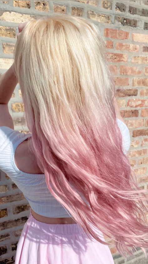 Blonde Hair With Pink Ombre, Blonde To Pink Balayage, Blonde To Pink Ombre Hair, Long Blonde And Pink Hair, Pink Faded Hair, Light Pink Tips Hair, White Hair Pink Tips, Pink Hair Ideas For Blondes, Pink Ombre Hair Blonde