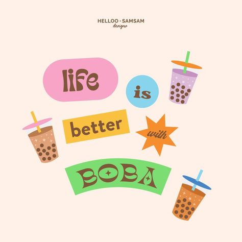 life is better with boba illustration Stickers Aesthetic Design, Boba Graphic Design, Boba Illustrations, Bubble Tea Packaging, Bubble Graphic Design, Boba Tea Illustration, Boba Branding, Boba Poster, Bubble Tea Illustration