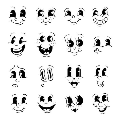 Happy Face Drawing, 30s Cartoon, Cartoon Faces Expressions, Face Doodles, Cartoon Template, Doodle Characters, Cartoon Style Drawing, Drawing Cartoon Faces, Face Illustration