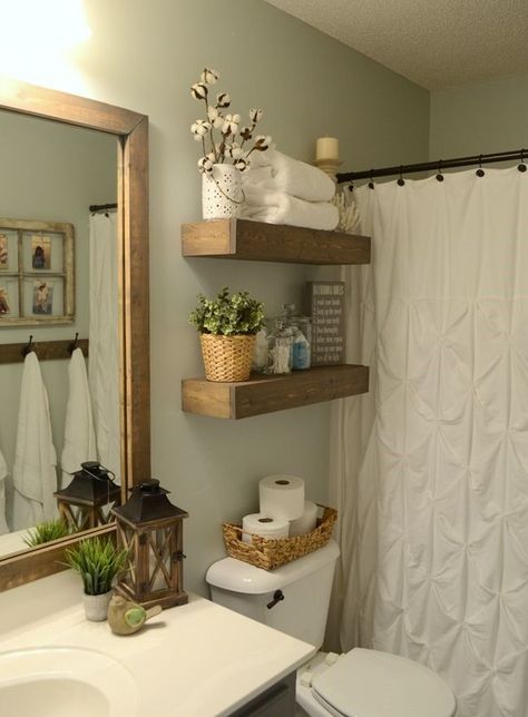 DIY Rustic Wood Floating Shelves-thefrugalhoomemaker.com Small Bathroom Furniture, Modern Farmhouse Bathroom Decor, Makeover Kamar Mandi, Farmhouse Bathrooms, Rustic Wood Floating Shelves, Farmhouse Bathroom Remodel, Farmhouse Bathroom Decor Ideas, Modern Farmhouse Bathroom, Wood Floating Shelves