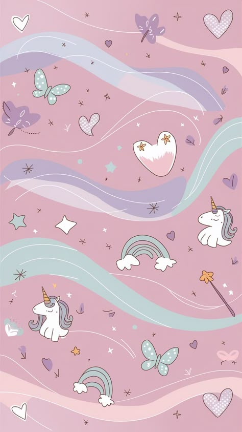 Immerse yourself in a whimsical wonderland with this enchanting pastel pink wallpaper. The soft, delicate pink hue serves as a dreamy backdrop to charming elements like cute hearts, gentle stars, and playful butterflies. Flowing patterns in complementary shades of lavender, mint green, and baby blue add depth and elegance, while adorable cartoon unicorns, rainbows, and fairy wands are tastefully scattered throughout. Perfect for creating a magical, youthful ambiance in any girly space, this design is as enchanting as it is visually appealing. Pink Wallpaper Kawaii, Dreamy Backdrop, Pastel Pink Wallpaper, Colourful Wallpaper Iphone, Cute Hearts, Fabric Print Design, Fairy Wands, Whimsical Wonderland, Unicorn Pattern