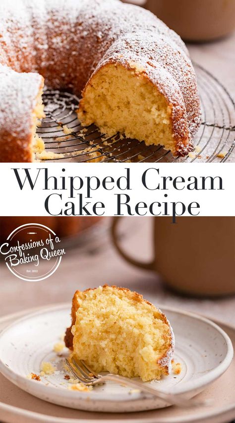 Deliciously moist and tender crumb, this Whipped Cream Cake Recipe is the perfect excuse to use up any leftover heavy whipping cream. This simple, yet delectable cake is made with no butter or oil, the magic is in the butterfat in the heavy cream! Step-by-step photos teach you how to bake this cake recipe. Recipes Using Whipping Cream, Heavy Cream Recipes, Cream Desserts Recipes, Whipped Cream Cake, Whipped Cream Desserts, Whipped Cream Cakes, Recipes With Whipping Cream, Salted Caramel Chocolate, Cream Desserts