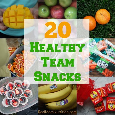 Spring sports are in full swing. If your child's team gathers after games for a snack, I've got 20 healthy ideas for you! Too many typical team snacks--like gummy fruit snacks, cookies, donuts, and chips--are full Team Snacks For Kids, Healthy Team Snacks, Athlete Snacks, Tball Snacks, Baseball Game Snacks, Hockey Nutrition, Cheerleading Snacks, Football Team Snacks, Soccer Game Snacks