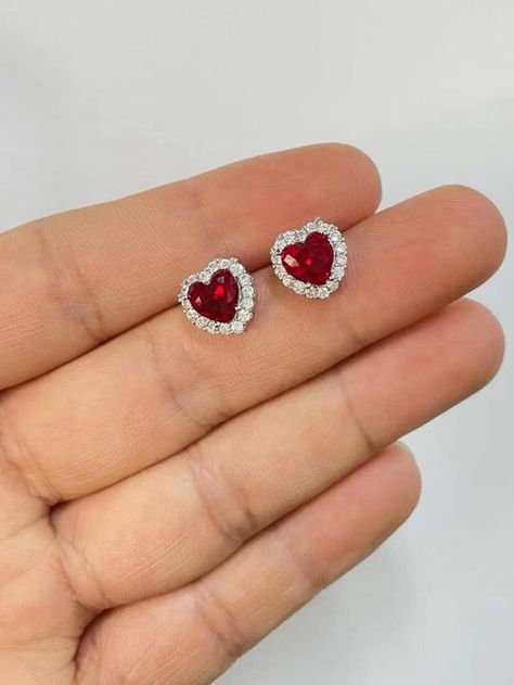 Red Glamorous   Copper  Stud Embellished   Jewelry Cute Red Heart Earrings, Red Stud Earrings, Red Earrings Stud, Diamond Accessories, Red Heart Earrings, Embellished Fashion, Red Studs, Red Jewelry, Rhinestone Decor