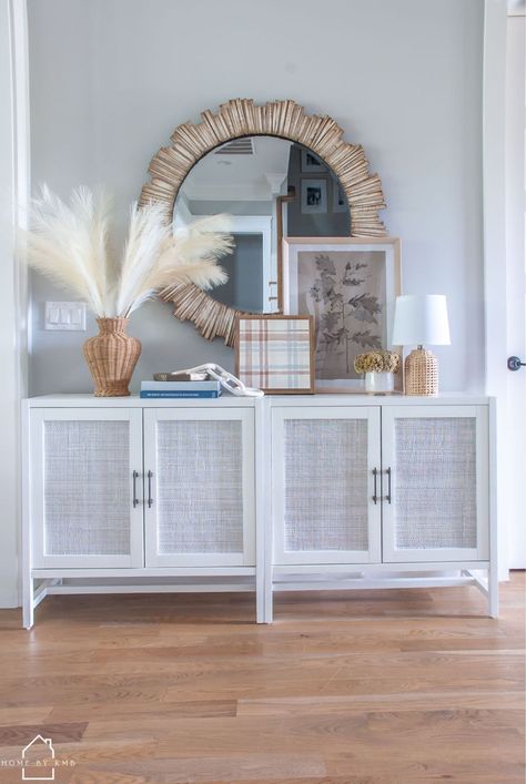 Coastal Home Entryway, Coastal Buffet Styling, Serena And Lily Entryway, Hamptons Foyer, Coastal Foyer Entryway, Coastal Entry Table, Fall Console Table Decor, Coastal Entryway Ideas, Coastal Fall Decor Ideas